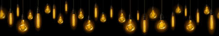 Banner with vintage incandescent lamps with yellow glow, hanging on electric wires on black background. Near lightbulb are in focus, distant are blurry. With seamless horizontal repetitionのイラスト素材