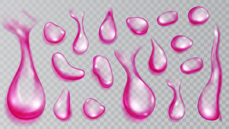 Set of realistic translucent water drops in purple colors in various shapes and sizes, isolated on transparent background. Transparency only in vector formatのイラスト素材