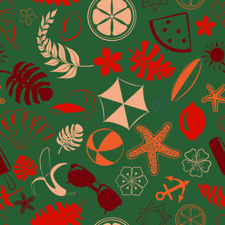 Seamless pattern of various items related to summer holidays at sea, multicolored on green backgroundのイラスト素材