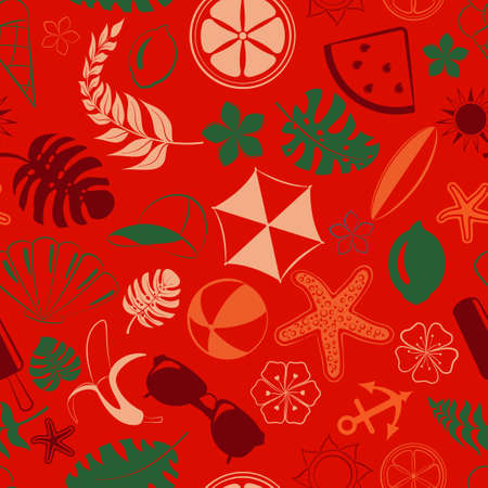 Seamless pattern of various items related to summer holidays at sea, multicolored on red background