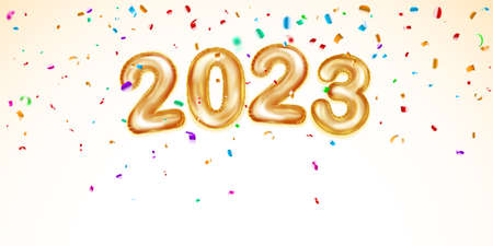 Festive Christmas background with numbers 2023 of golden foil balloons and shiny pieces of serpentine. Vector illustration for posters, flyers or cardsのイラスト素材