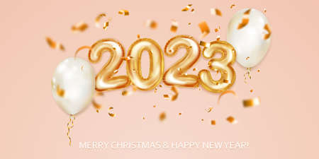 Festive Christmas background with white balloons, numbers 2023 of golden foil balloons and shiny...