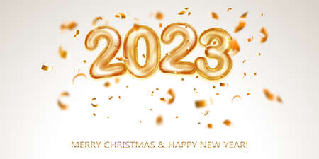 Festive Christmas background with numbers 2023 of golden foil balloons and shiny pieces of serpentine. Vector illustration for posters, flyers or cardsのイラスト素材