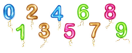 Set of foil multicolored balloons shape of numbers from 0 to 9 with golden ribbonsのイラスト素材