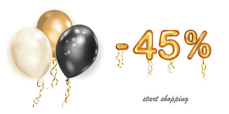 Discount creative illustration with white, black and gold helium flying balloons and golden foil numbers. 45 percent off. Sale poster with special offer on white backgroundのイラスト素材