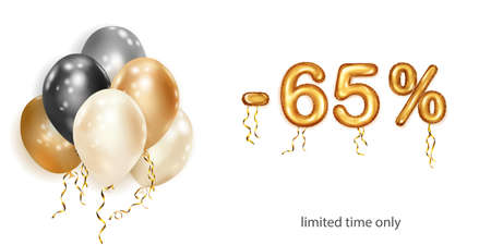Discount creative illustration with white, black and gold helium flying balloons and golden foil...
