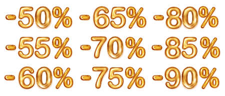 Set of golden foil balloons numbers. discount for various percentages. For use on sale posters with special offersのイラスト素材