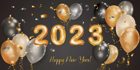 Festive Christmas illustration with white, black and gold helium flying balloons, numbers 2023 of...