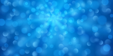Abstract background in blue colors with diverging rays of light and small translucent circles with bokeh effectのイラスト素材