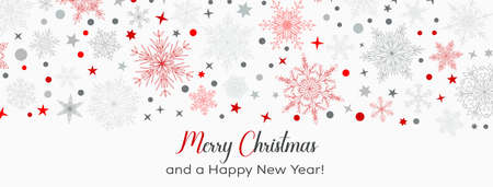 Illustration with complex big and small Christmas snowflakes in red and gray colors with inscription Merry Christmas. Winter background with falling snowのイラスト素材