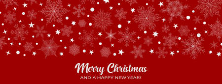 Illustration with complex big and small Christmas snowflakes in red colors with inscription Merry Christmas. Winter background with falling snowのイラスト素材
