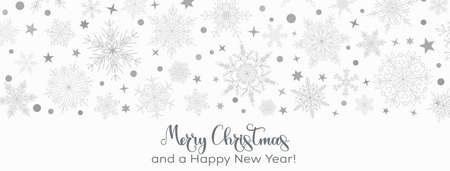 Illustration with complex big and small Christmas snowflakes in gray colors with inscription Merry Christmas. Winter background with falling snowのイラスト素材