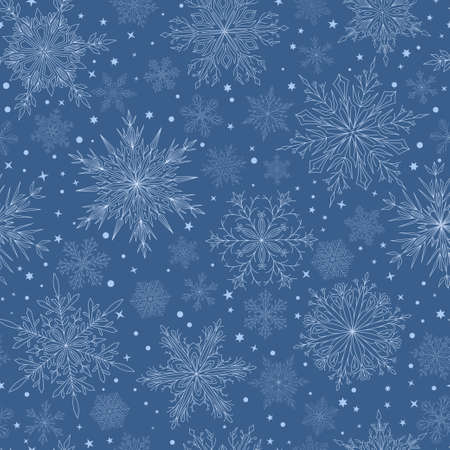 Seamless pattern with complex big and small Christmas snowflakes in blue colors. Winter background with falling snowのイラスト素材