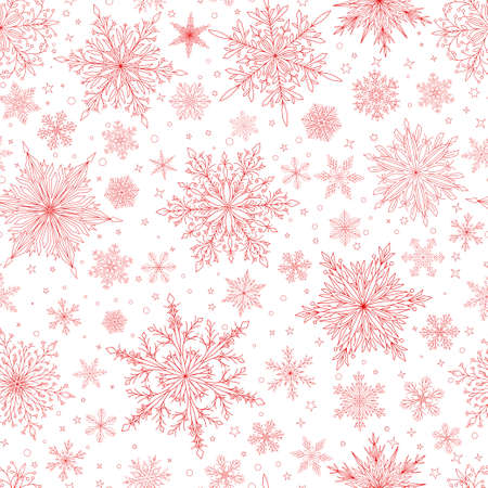 Seamless pattern with complex big and small Christmas snowflakes in red colors. Winter background with falling snowのイラスト素材