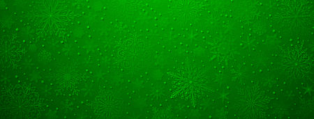 Background of complex big and small Christmas snowflakes in green colors. Winter illustration with falling snowのイラスト素材