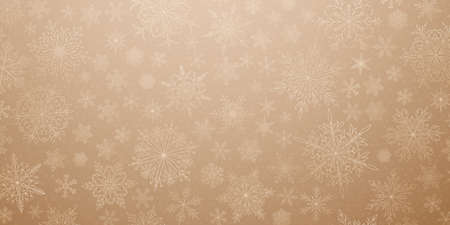 Background of complex big and small Christmas snowflakes in beige colors. Winter illustration with falling snowのイラスト素材