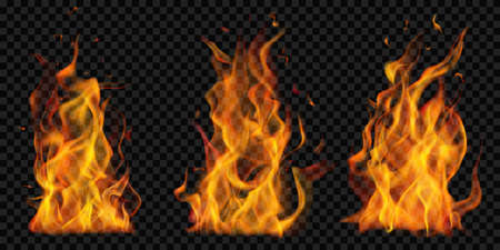 Set of burning campfires of flames and sparks on transparent background. For used on dark illustrations. Transparency only in vector formatのイラスト素材