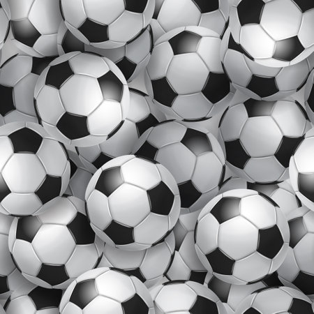 Seamless pattern made of many realistic soccer balls in white and black colorsの写真素材