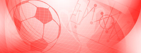 Abstract background on a football theme with big ball and other soccer symbols in red colorsのイラスト素材