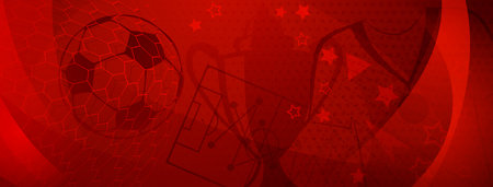 Abstract background on a football theme with big ball and other soccer symbols in red colorsのイラスト素材