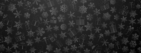 Background made of complex Christmas snowflakes and gift boxes with different patterns, in black colorsのイラスト素材