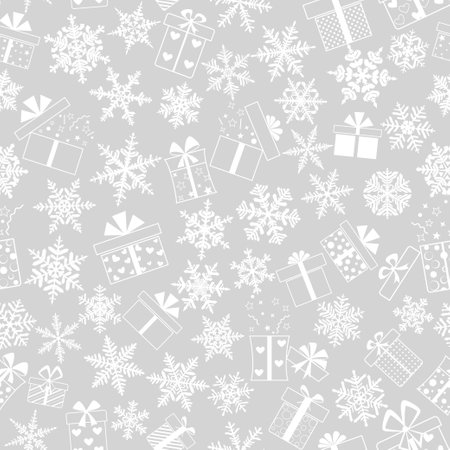 Seamless pattern made of complex Christmas snowflakes and gift boxes with different patterns, in gray colorsのイラスト素材