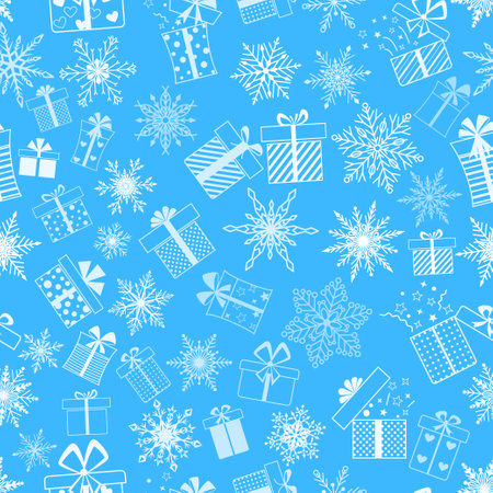 Seamless pattern made of complex Christmas snowflakes and gift boxes with different patterns, in light blue colorsのイラスト素材