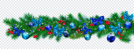 Christmas decoration made of New Year pine branches, blue balls and bows, pieces of serpentine, holly leaves and red berries, isolated on transparent backgroundのイラスト素材