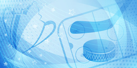 Abstract background in light blue colors with different hockey symbols such as puck, stick, ice rink, cupのイラスト素材