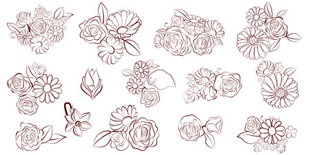Set of hand drawn bouquets and single flowers, isolated on white backgroundのイラスト素材