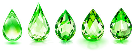 Set of big crystal drops in green color with glares and shadowsのイラスト素材