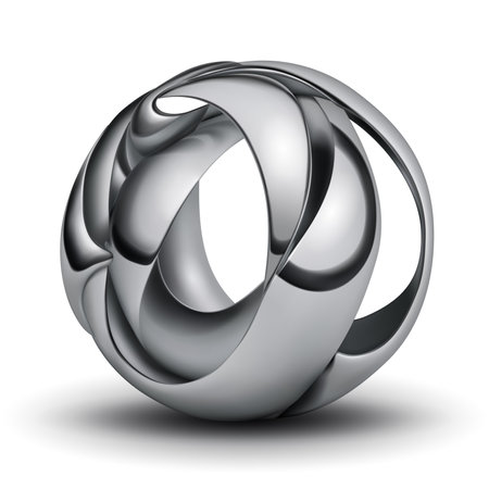Abstract figure made of silver plates, curved and intertwined in the form of a sphere, with glares and shadow on a white backgroundのイラスト素材