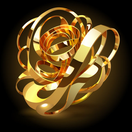 Abstract figure made of intertwined golden shiny metallic ribbons, with glares and glow on dark backgroundのイラスト素材
