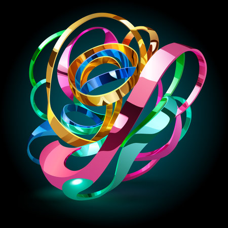 Abstract figure made of intertwined multicolored shiny metallic ribbons, with glares and glow on dark backgroundのイラスト素材