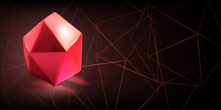 Abstract background with a red low-poly 3d object in the form of a polyhedron and a outlines of geometric shapes on a dark backgroundのイラスト素材