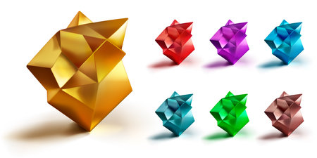 Set of low poly 3d shapes as a abstract polyhedrons with a shadow on a white backgroundのイラスト素材