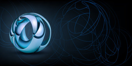 Abstract background with a figure made of light blue plates, curved and intertwined in the form of a sphere and a outlines of geometric shapes on a dark backgroundのイラスト素材