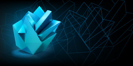 Abstract background with a light blue low-poly 3d object in the form of a polyhedron and a outlines of geometric shapes on a dark backgroundのイラスト素材