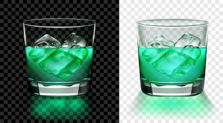 Translucent glass of green cocktail with ice cubes. Two options, for dark and light background. Transparency only in vector formatのイラスト素材