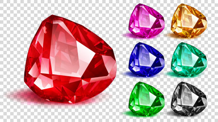 Set of translucent precious crystals: ruby, emerald, sapphire, topaz, amethyst, agate. Gems in red, green, blue, yellow, purple, turquoise and black, with shadows, isolated on transparent backgroundのイラスト素材
