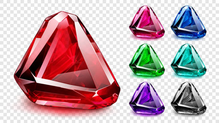 Set of translucent precious crystals: ruby, emerald, sapphire, topaz, amethyst, agate. Gems in red, green, blue, pink, purple, turquoise and black, with shadows, isolated on transparent backgroundのイラスト素材