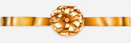 Beautiful golden shiny bow with horizontal ribbon with shadow on transparent backgroundのイラスト素材