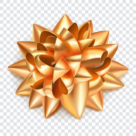 Beautiful big bow made of golden shiny ribbon loops with shadow on transparent backgroundのイラスト素材