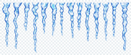 Set of realistic translucent icicles of different lengths in blue colors on transparent background. Transparency only in vector formatのイラスト素材
