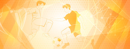 Abstract soccer background with a football players kicking the ball and other sport symbols in yellow colorsのイラスト素材
