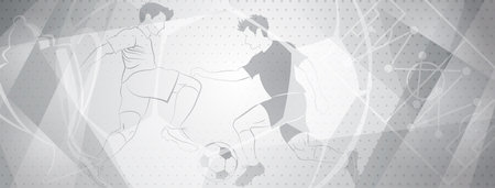 Abstract soccer background with a football players kicking the ball and other sport symbols in gray colorsのイラスト素材