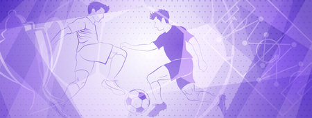 Abstract soccer background with a football players kicking the ball and other sport symbols in purple colorsのイラスト素材