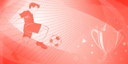 Abstract soccer background with a football player kicking the ball and other sport symbols in red colorsのイラスト素材