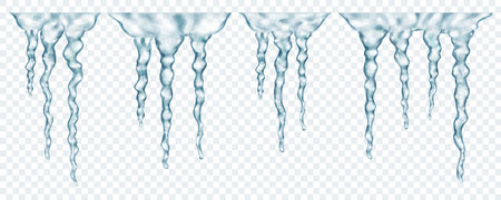 Groups of translucent gray realistic icicles of different lengths, connected at the top, isolated on transparent background. Transparency only in vector formatのイラスト素材