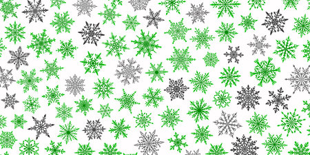 Christmas background of beautiful complex snowflakes in green, gray and white colors. Winter illustration with falling snowのイラスト素材